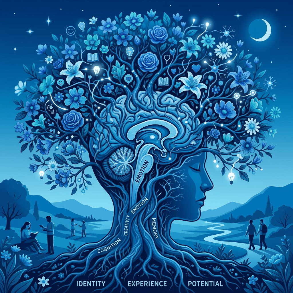 Illustrated profile with flowering brain-tree labeled EMOTION, COGNITION, MEMORY, IDENTITY, EXPERIENCE, POTENTIAL