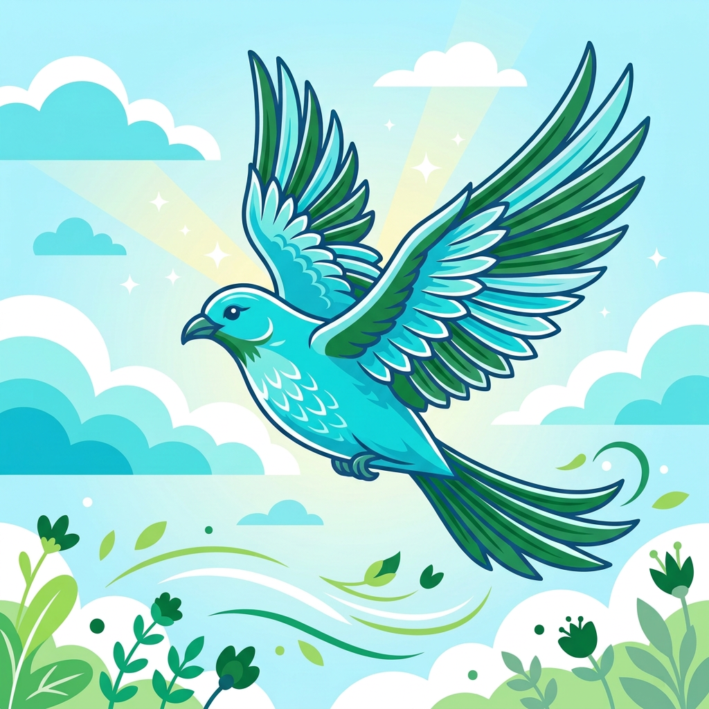 Colorful hummingbird flying among clouds, flowers, and sparkling stars